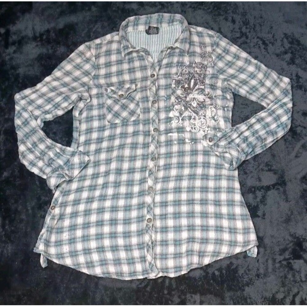 Vanity Y2K Crinkle Gauze Long Sleeve Button Up M Plaid Embroidered Grunge Punk
